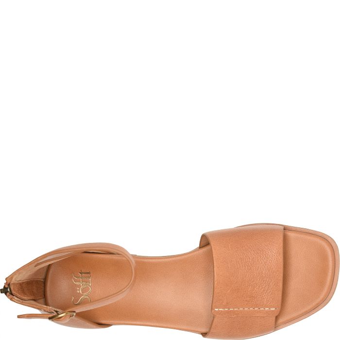 Tan sandal with a brand logo on a white background