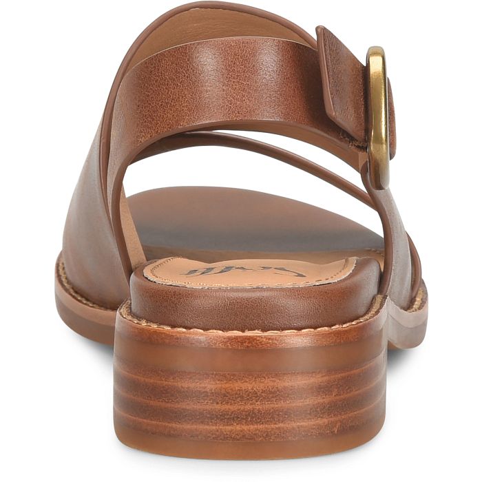 Brown sandal with a gold buckle on a white background