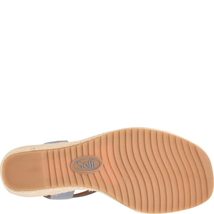 Close-up of a sandal sole with 'Sofft' branding on a white background