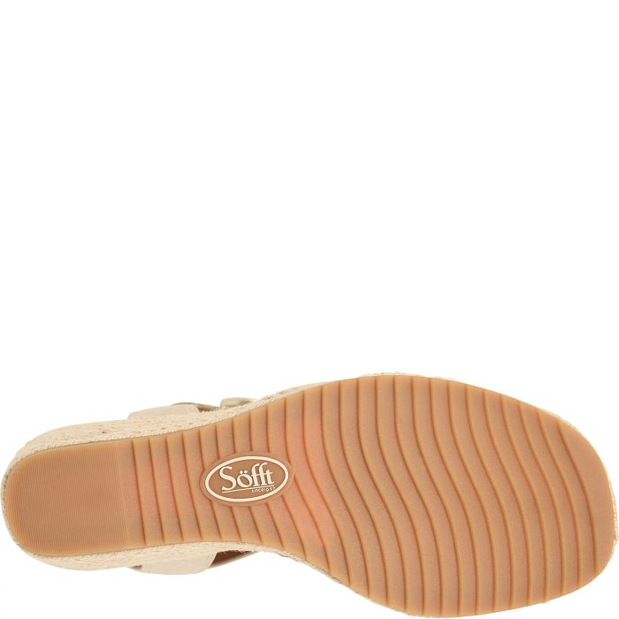 Close-up of a sandal sole with 'Sofft' branding on a white background