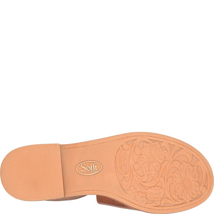 Tan shoe sole with embossed design and 'Sofft' branding on a white background