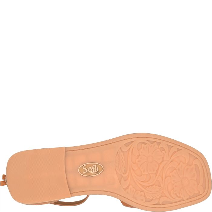 Peach-colored sandal sole with 'Sofi' brand logo on a white background