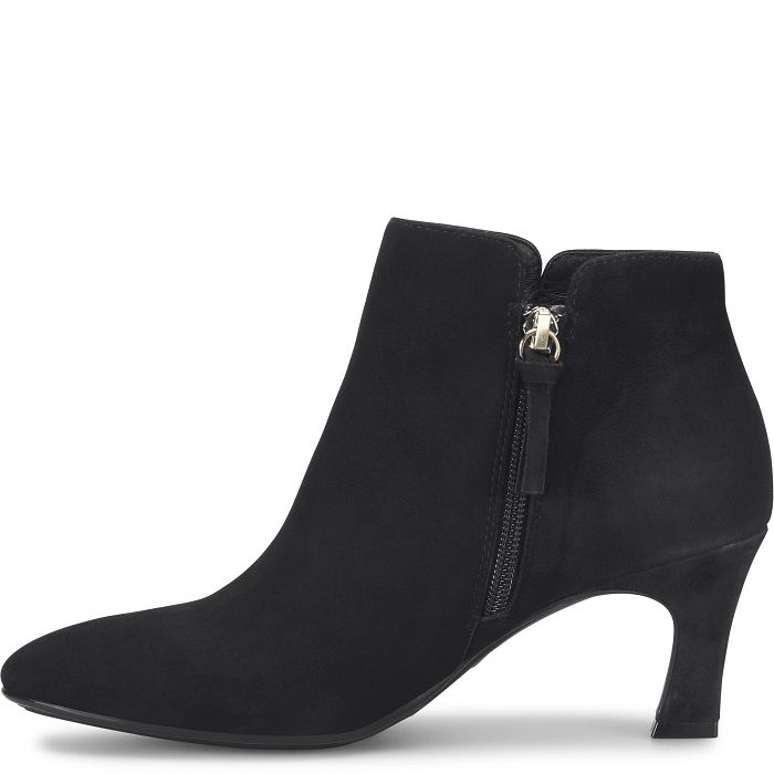 A black suede ankle boot with a pointed toe, a mid-height stiletto heel, and a side zipper featuring a small gold-tone horse emblem pull tab, shown against a plain white background.