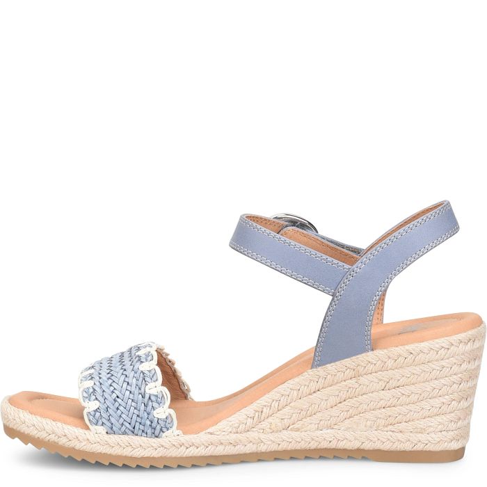 Blue wedge sandal with espadrille sole on a white background