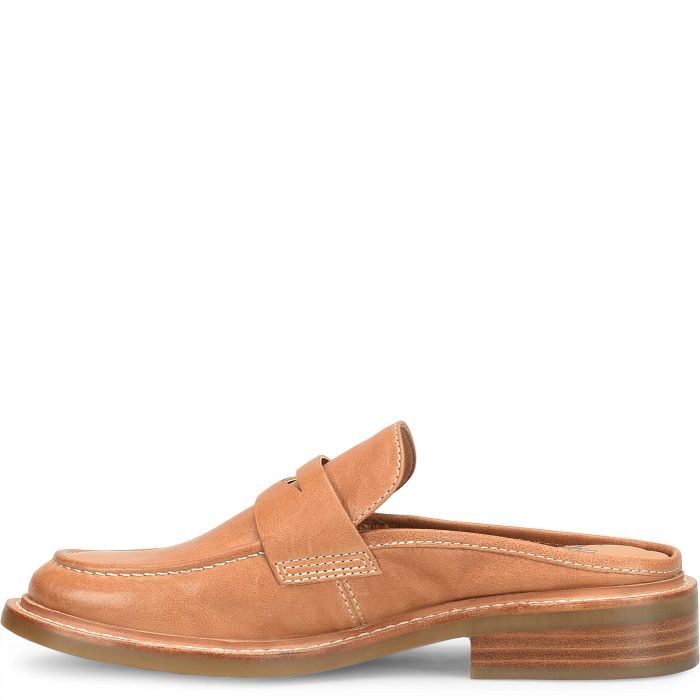 A single tan leather slip-on loafer mule with a low stacked heel, shown in a side profile on a white background.