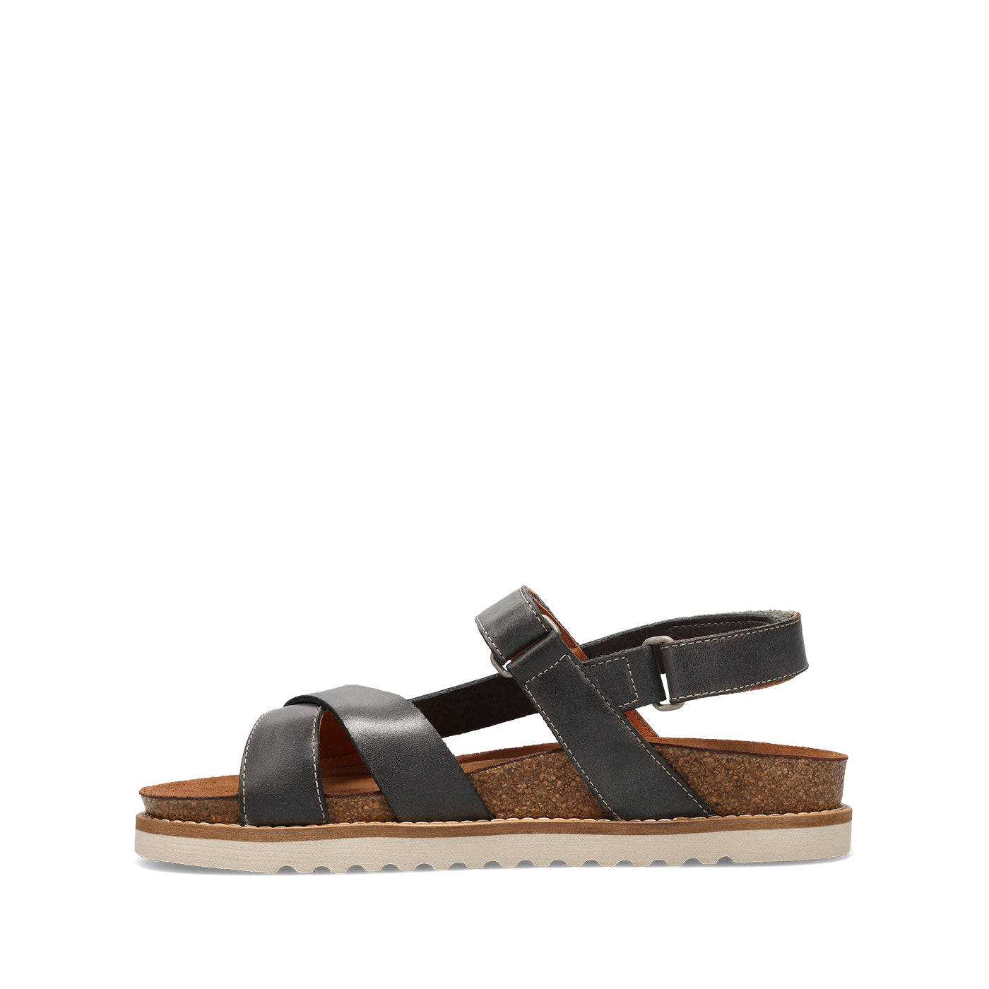 Black sandal with a cork sole on a white background