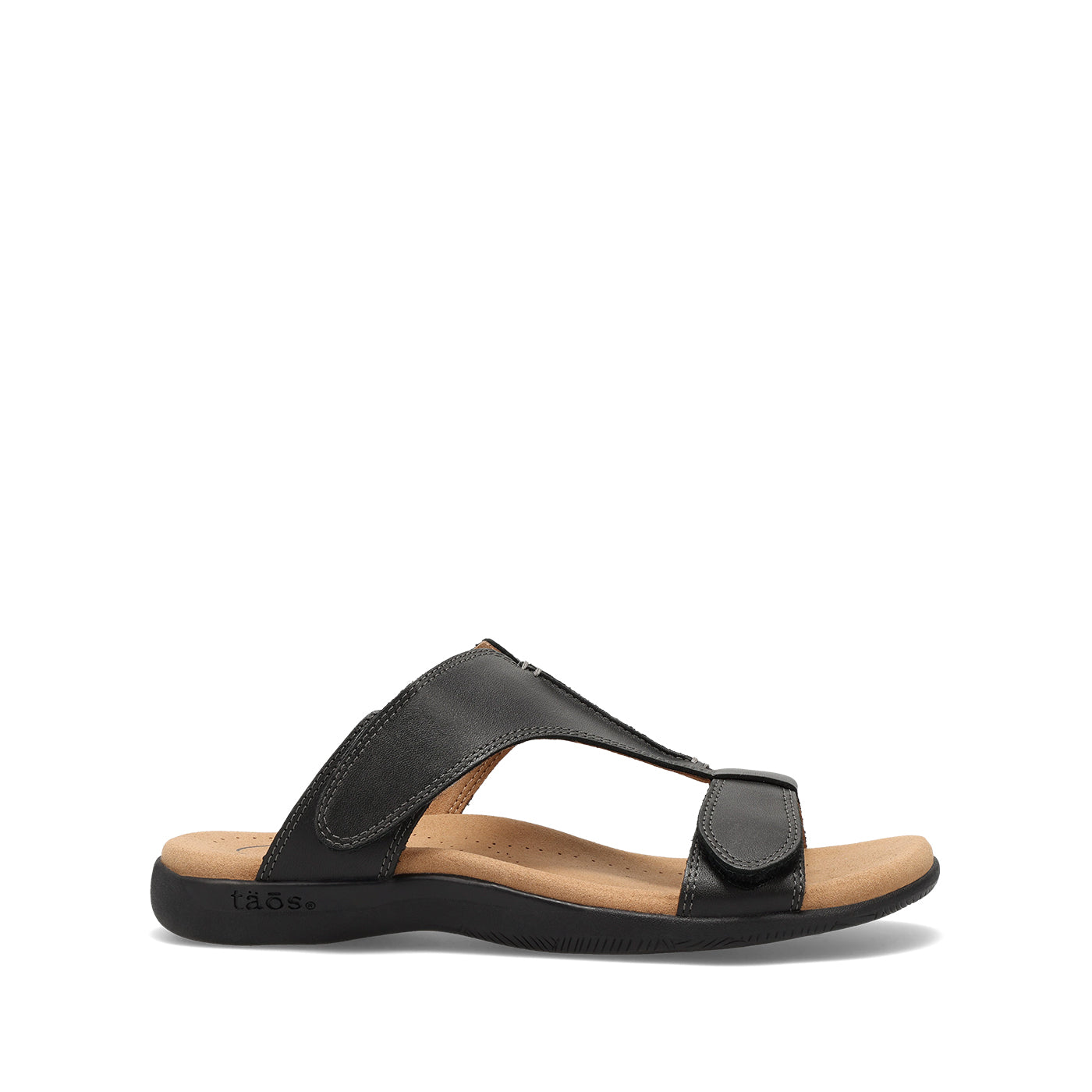 Black sandal with a tan insole on a white background