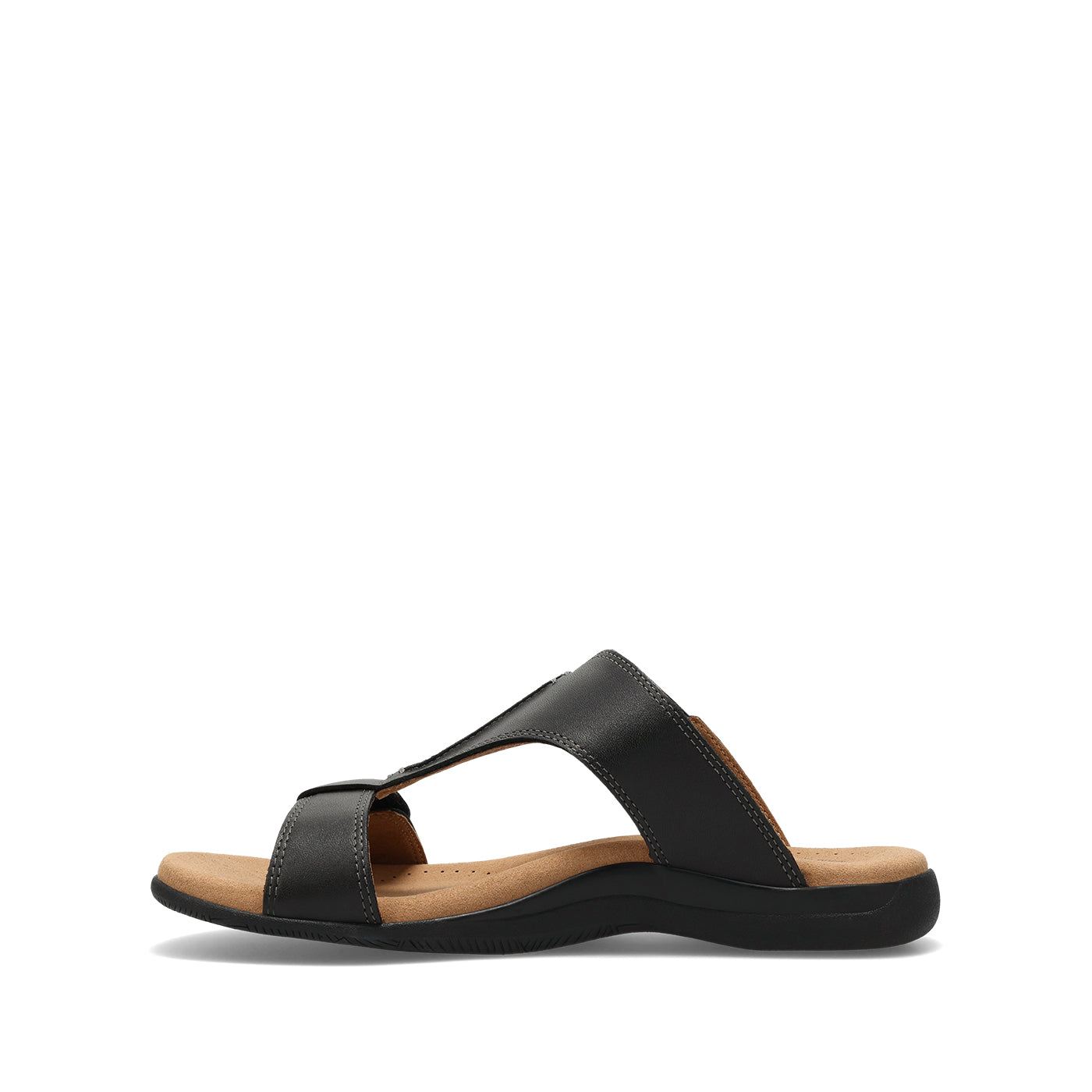 Black sandal with a tan insole on a white background
