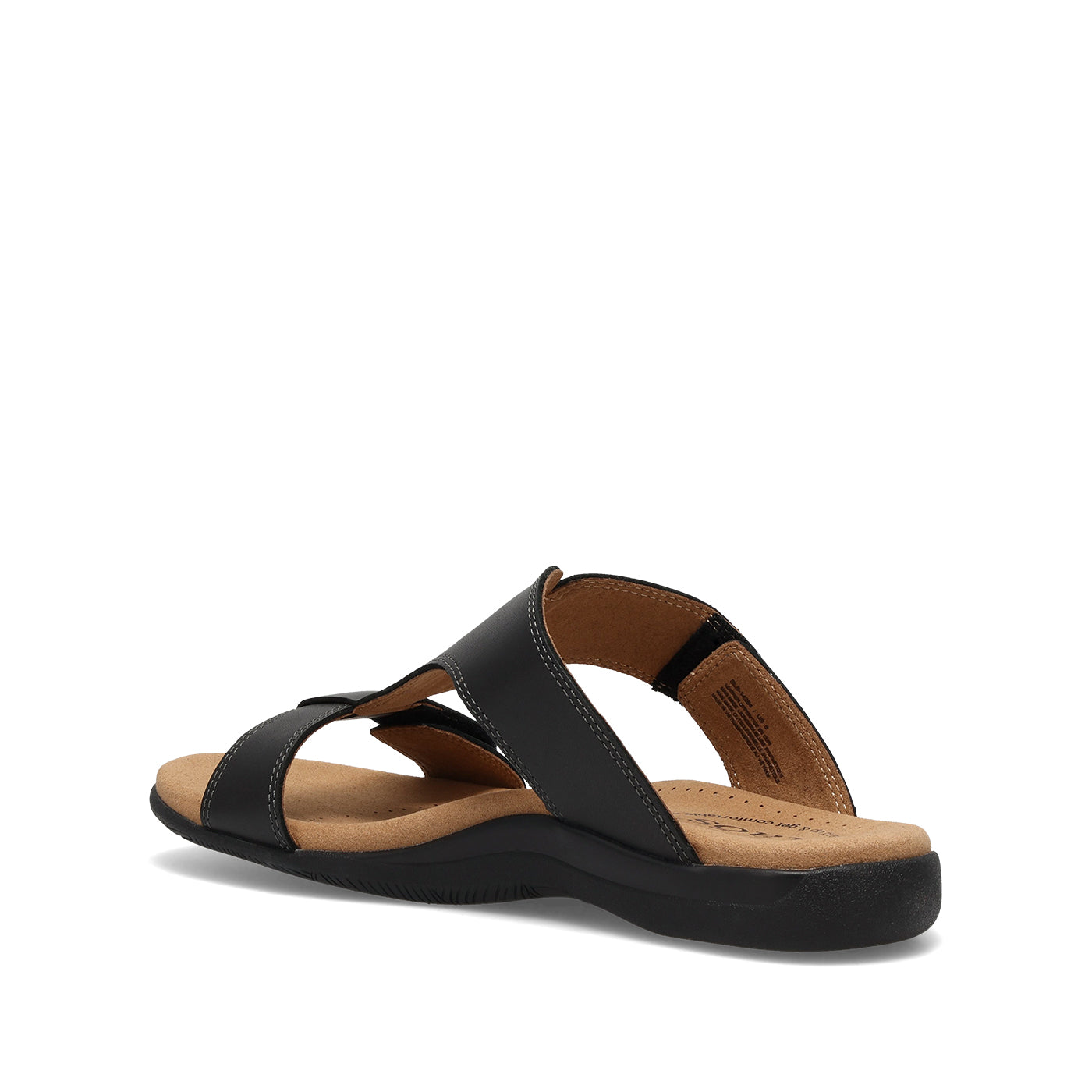 Black sandal with tan insole on a white background