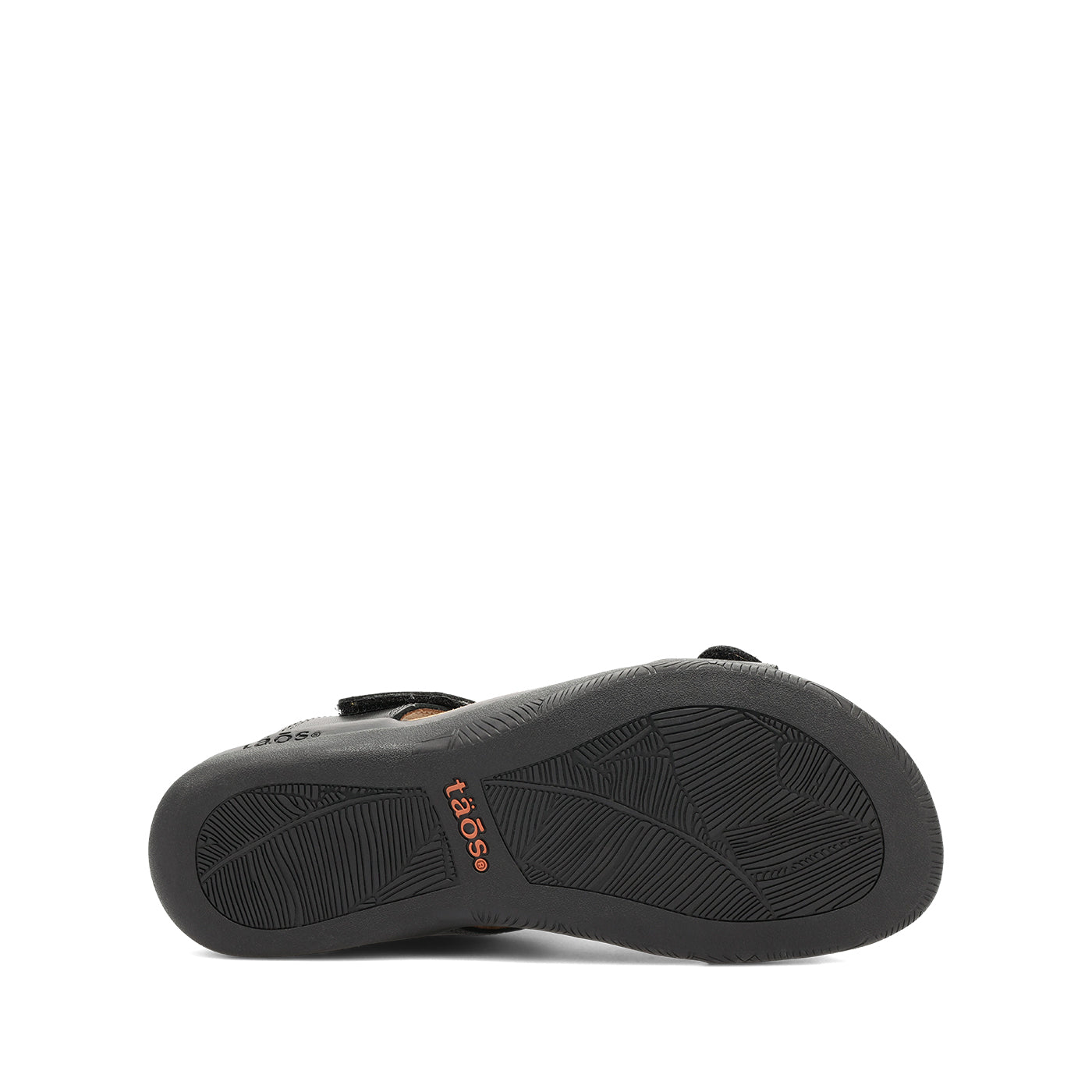 Black sandal with orange logo on a white background