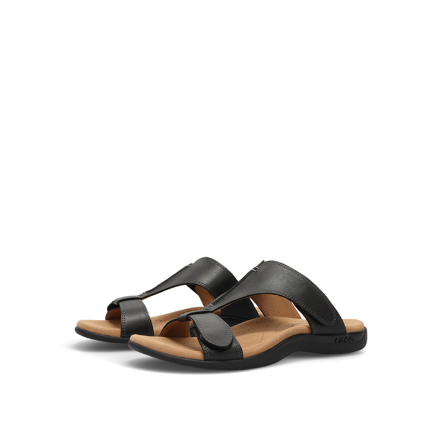 Black sandals with tan soles on a white background