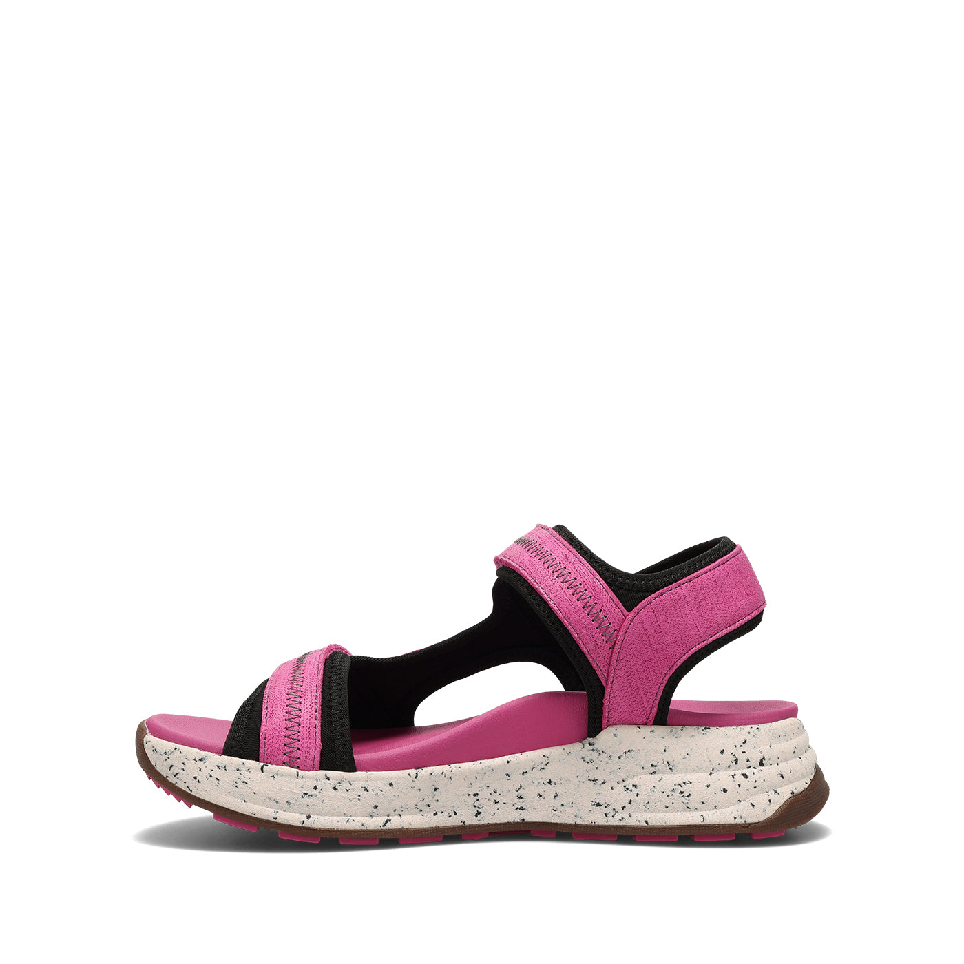 Pink and black sandal with a white sole on a white background