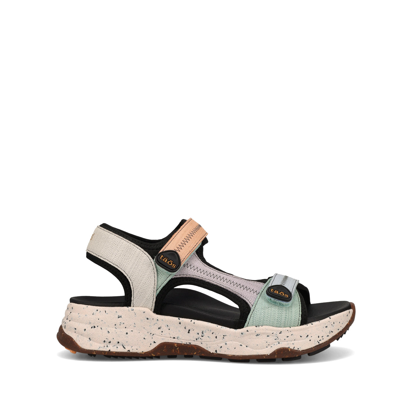 Sandal with a speckled sole on a white background