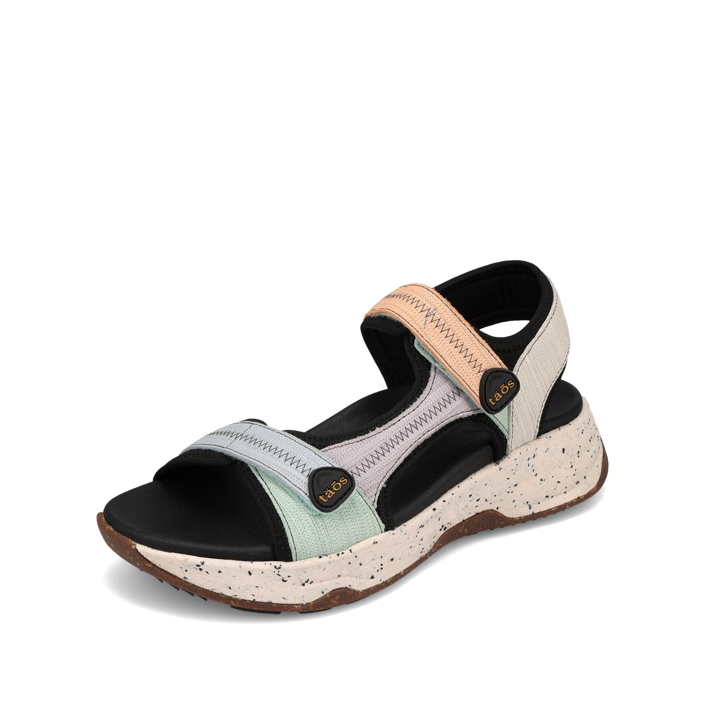 Sandal with a light blue and black design on a white background