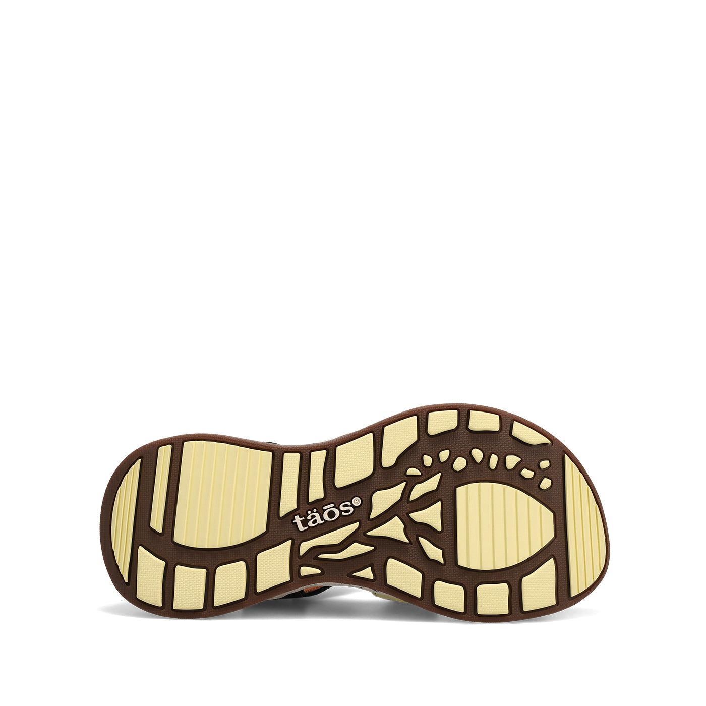 Close-up of a shoe sole with 'taos' branding on a white background