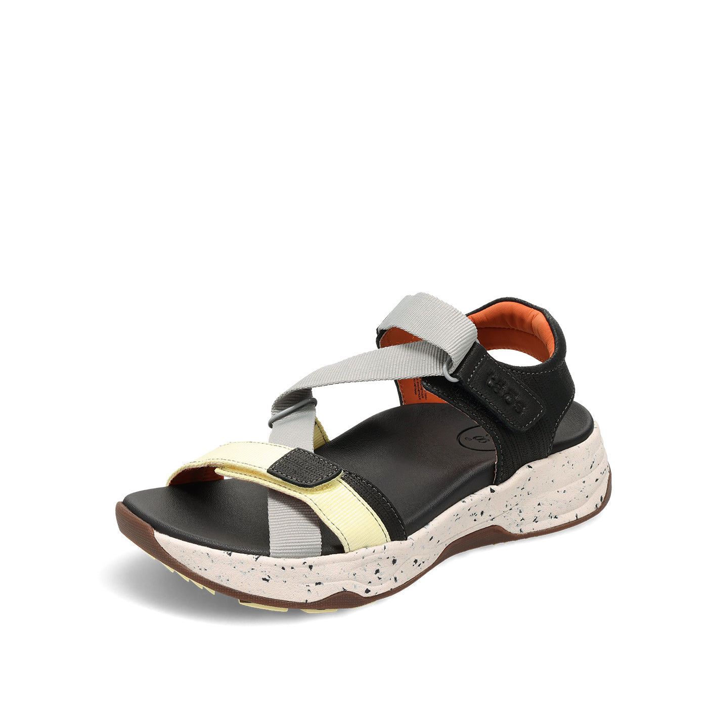 Multicolored sandal with a speckled sole on a white background