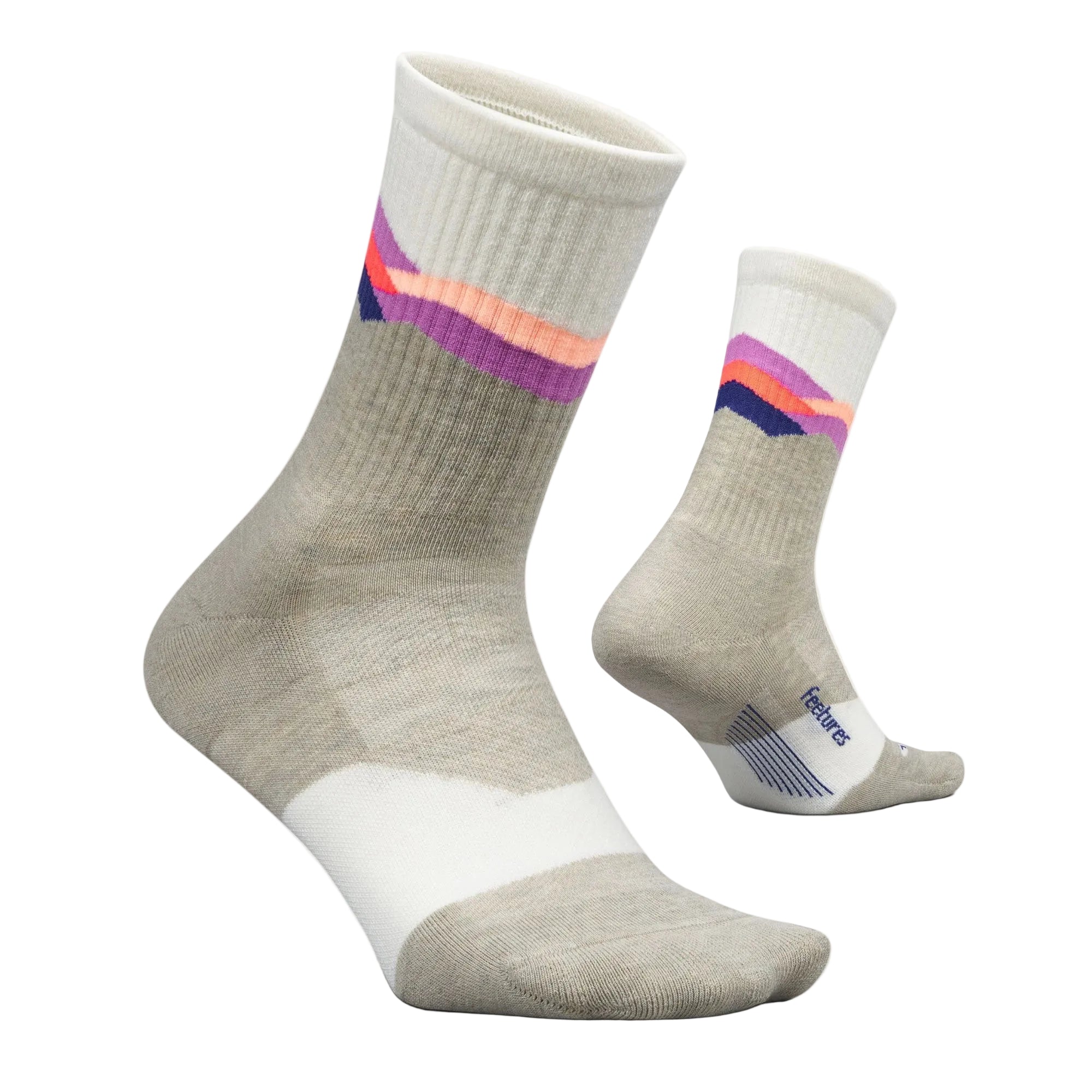Pair of gray socks with colorful stripes on a white background