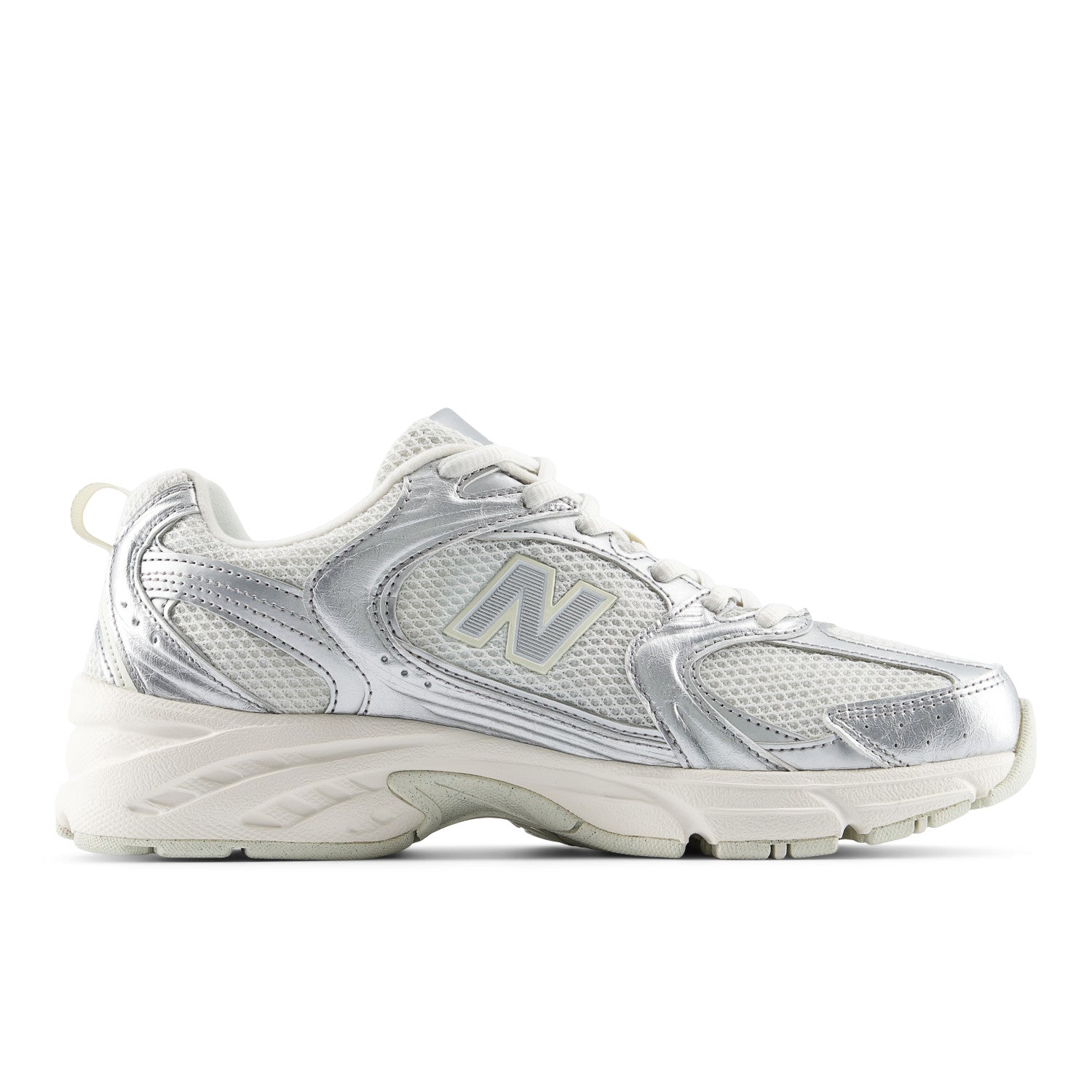 White athletic shoe with New Balance logo on a white background