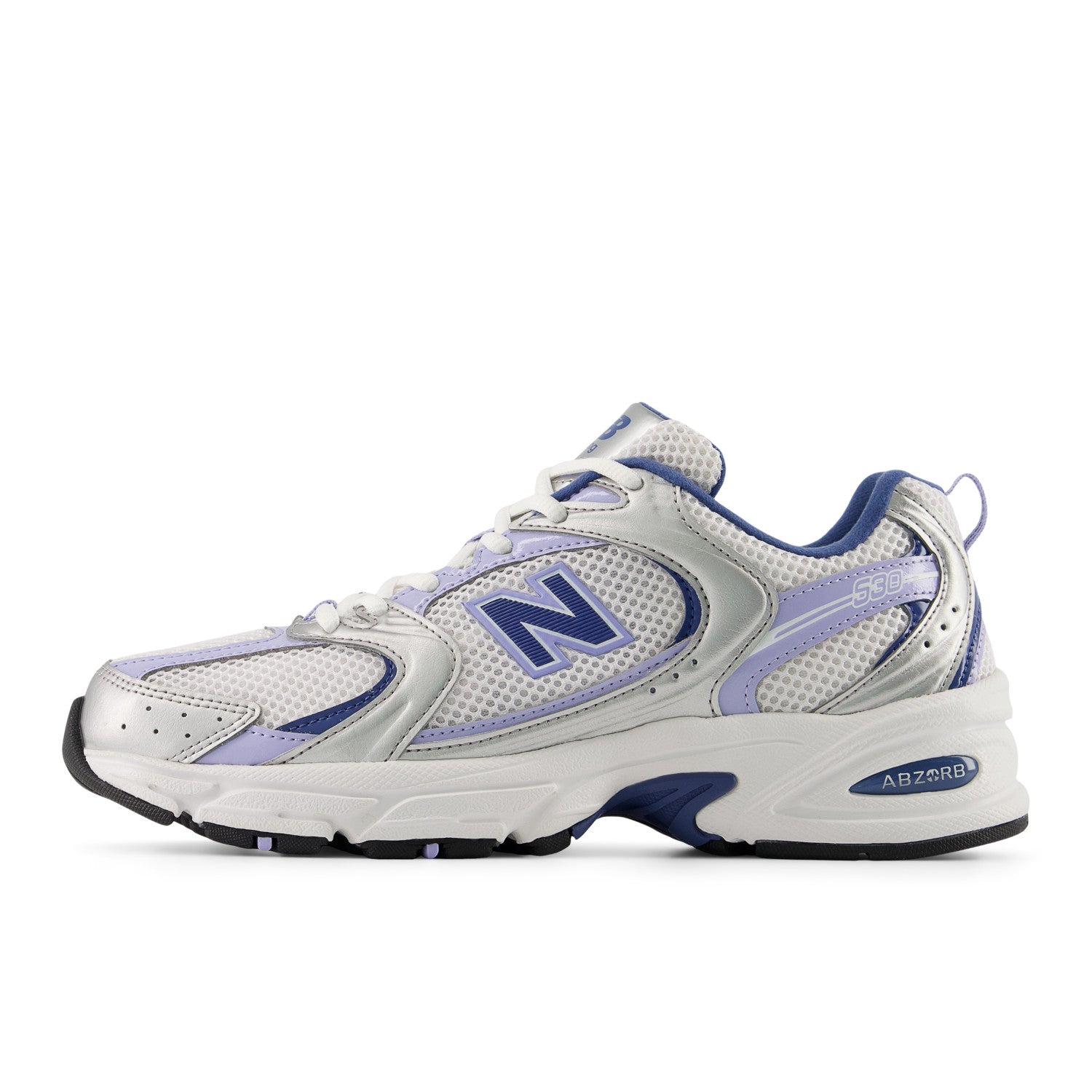 White and purple athletic shoe with 'N' logo on a white background