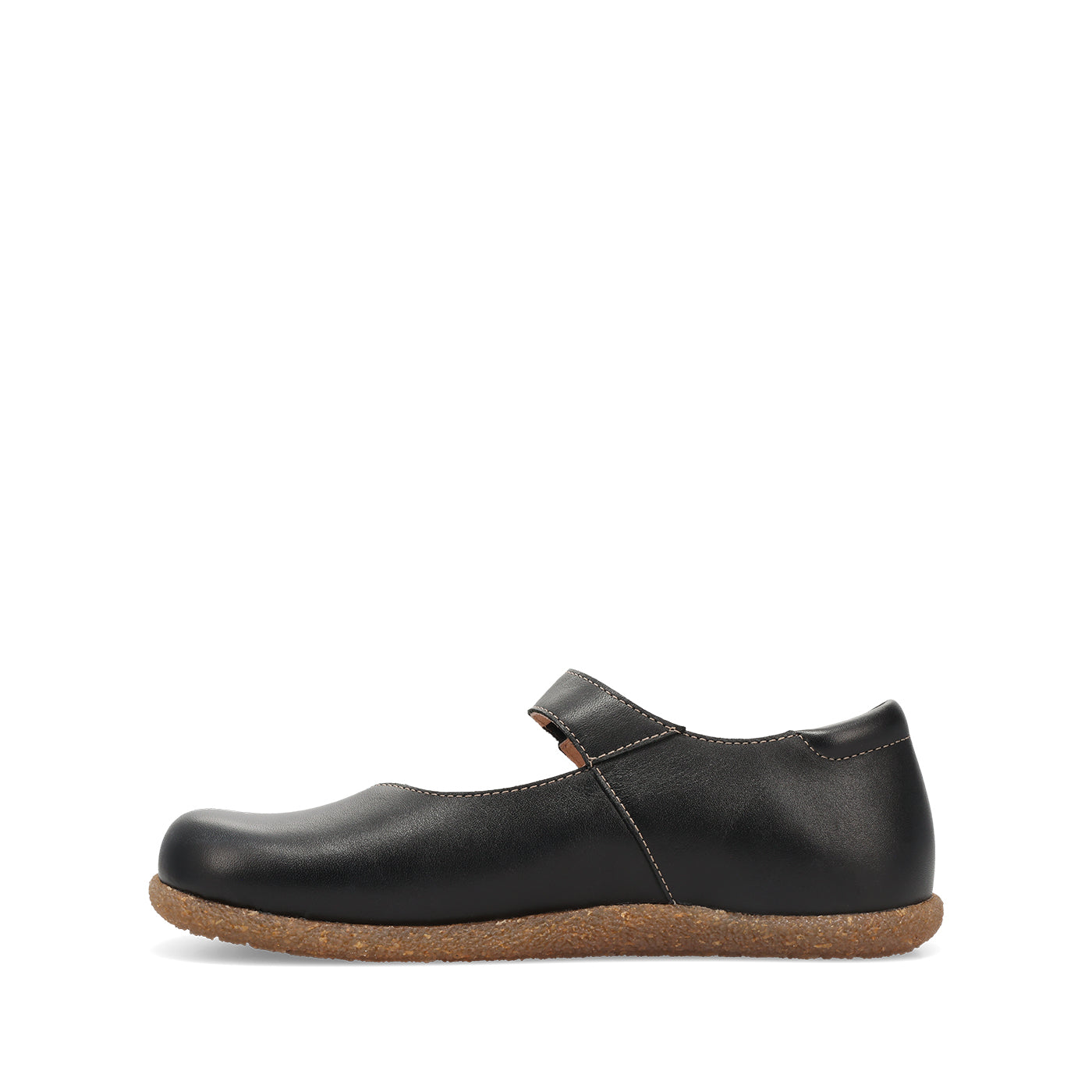 Black shoe with a cork sole on a white background