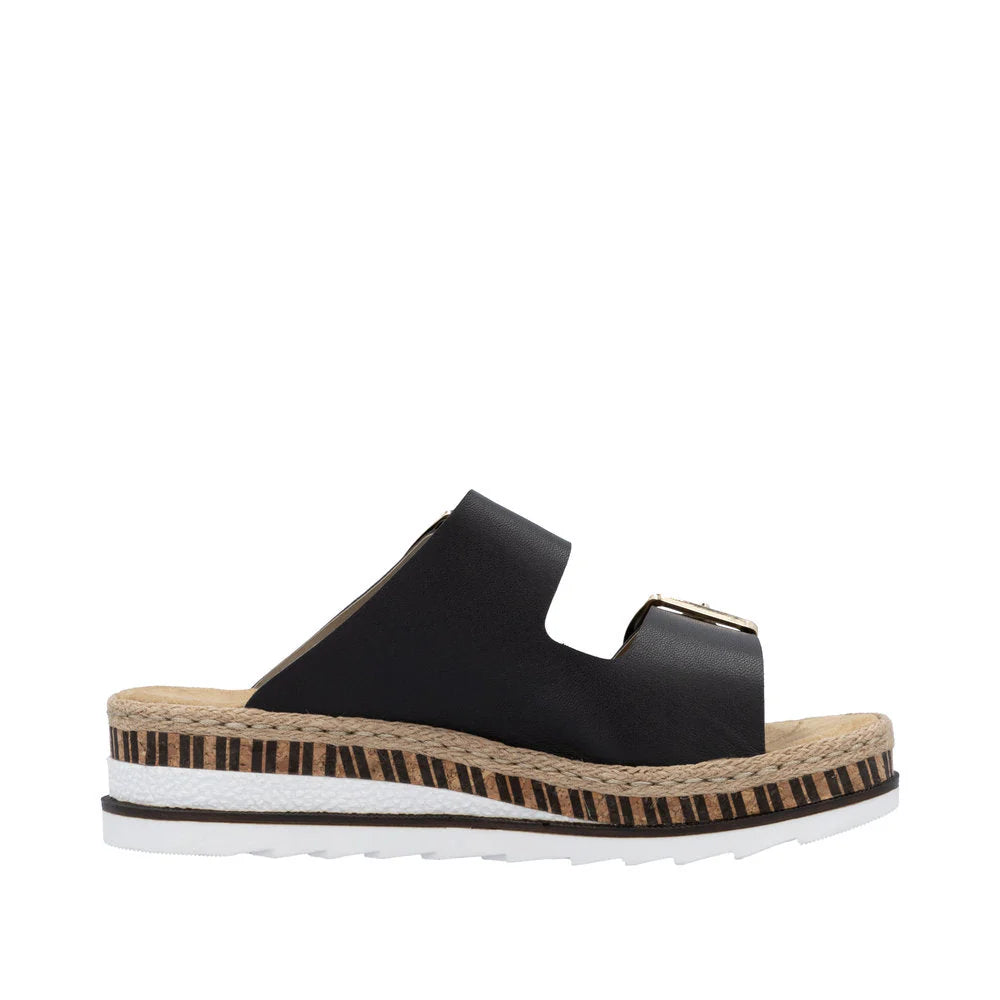 Black sandal with cork sole on a white background