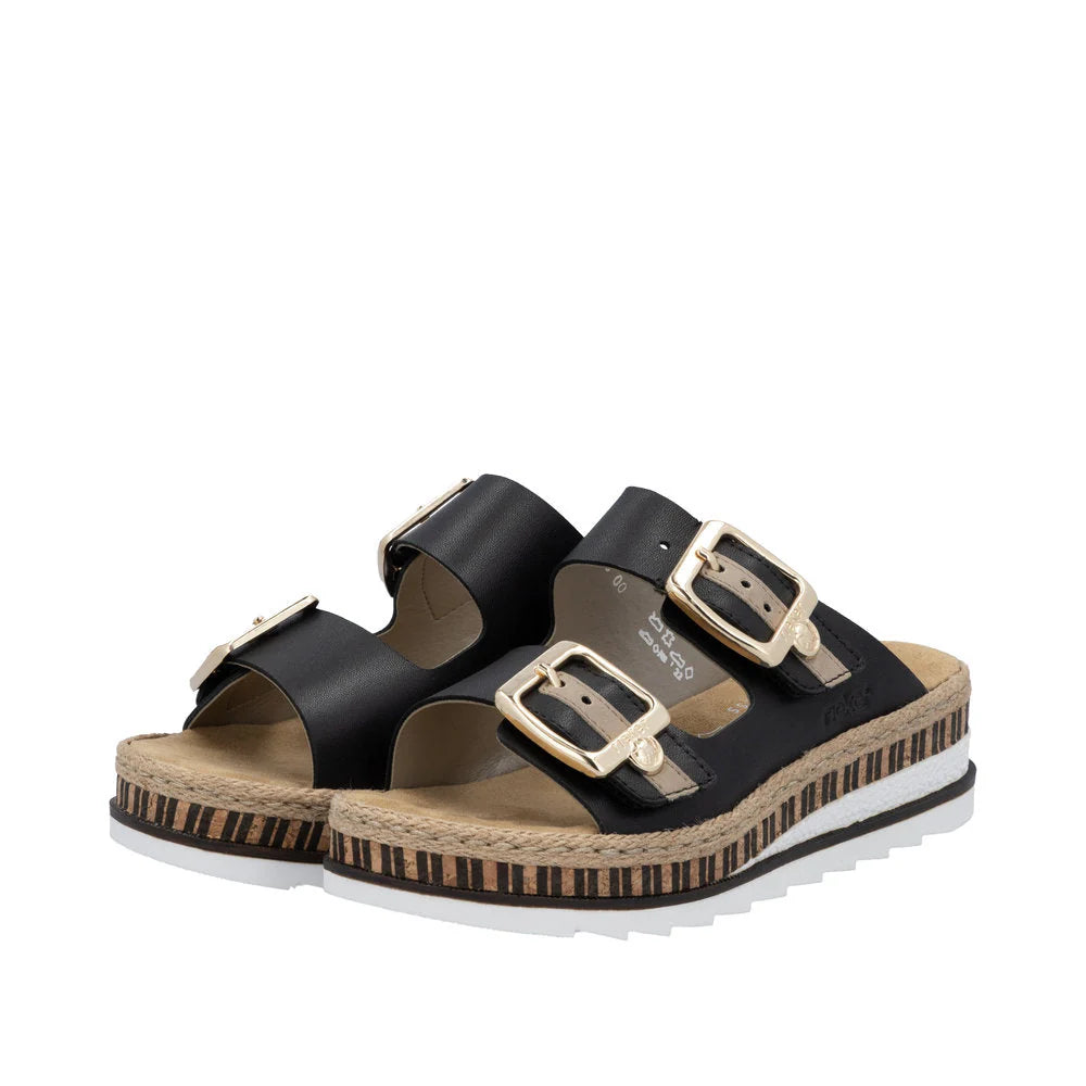 Black sandals with gold buckles on a white background