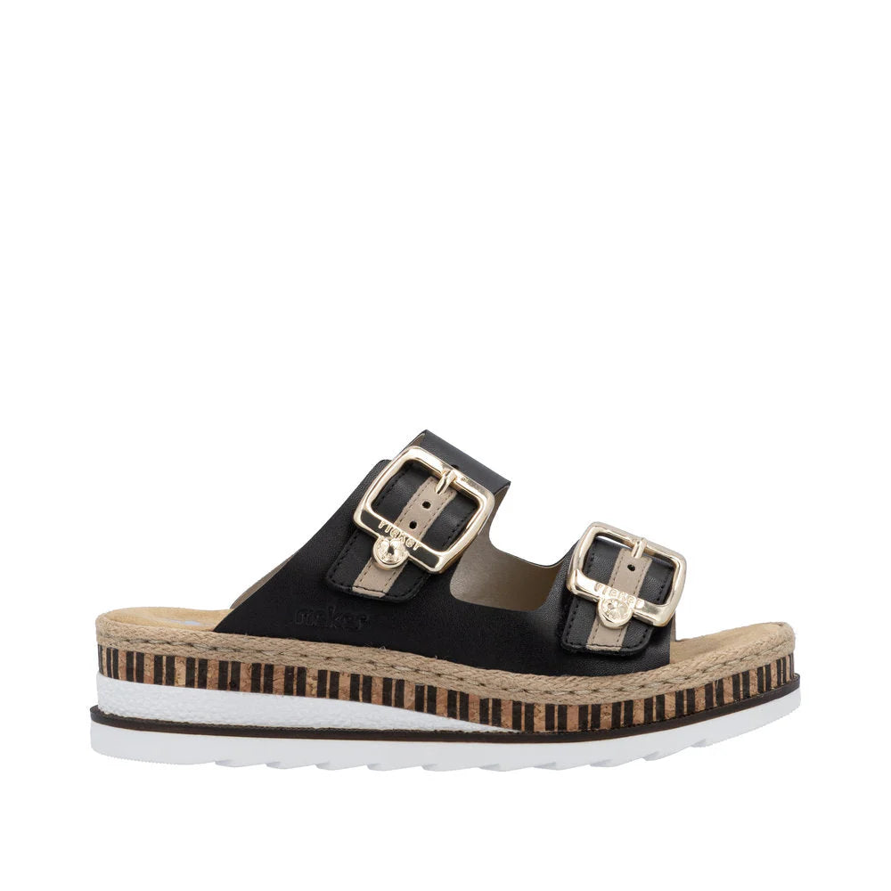 Black sandal with gold buckles on a white background