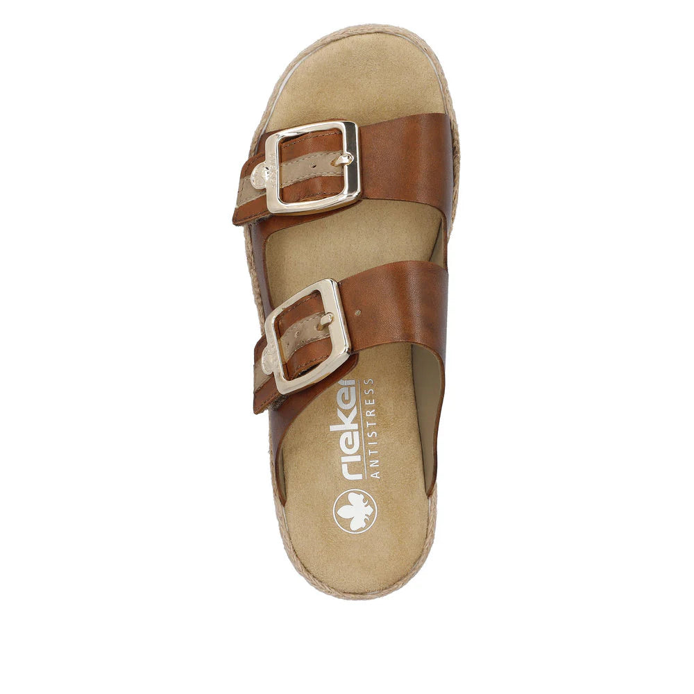 Tan sandal with brown straps and a visible brand logo on a white background