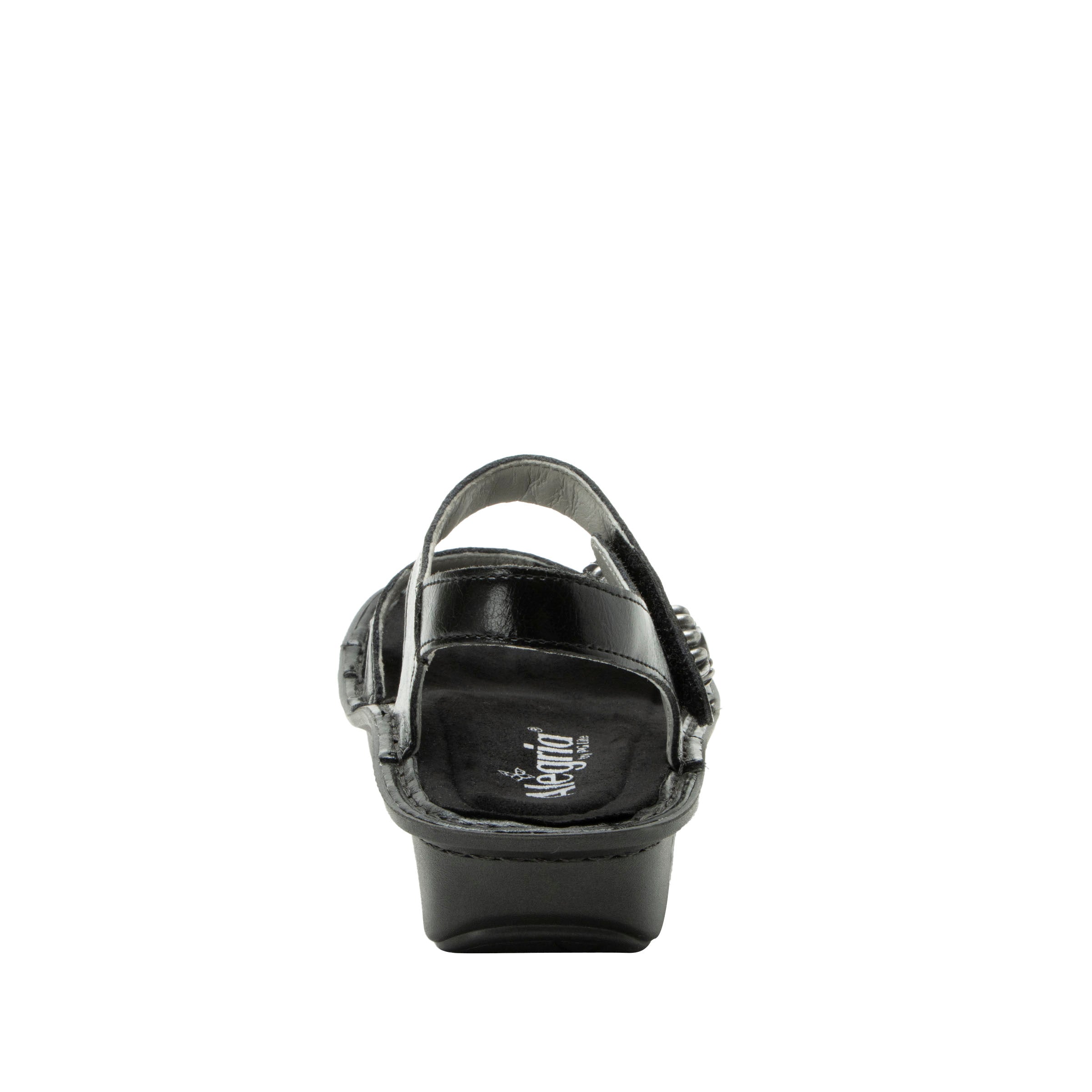 Black sandal with a strap on a white background