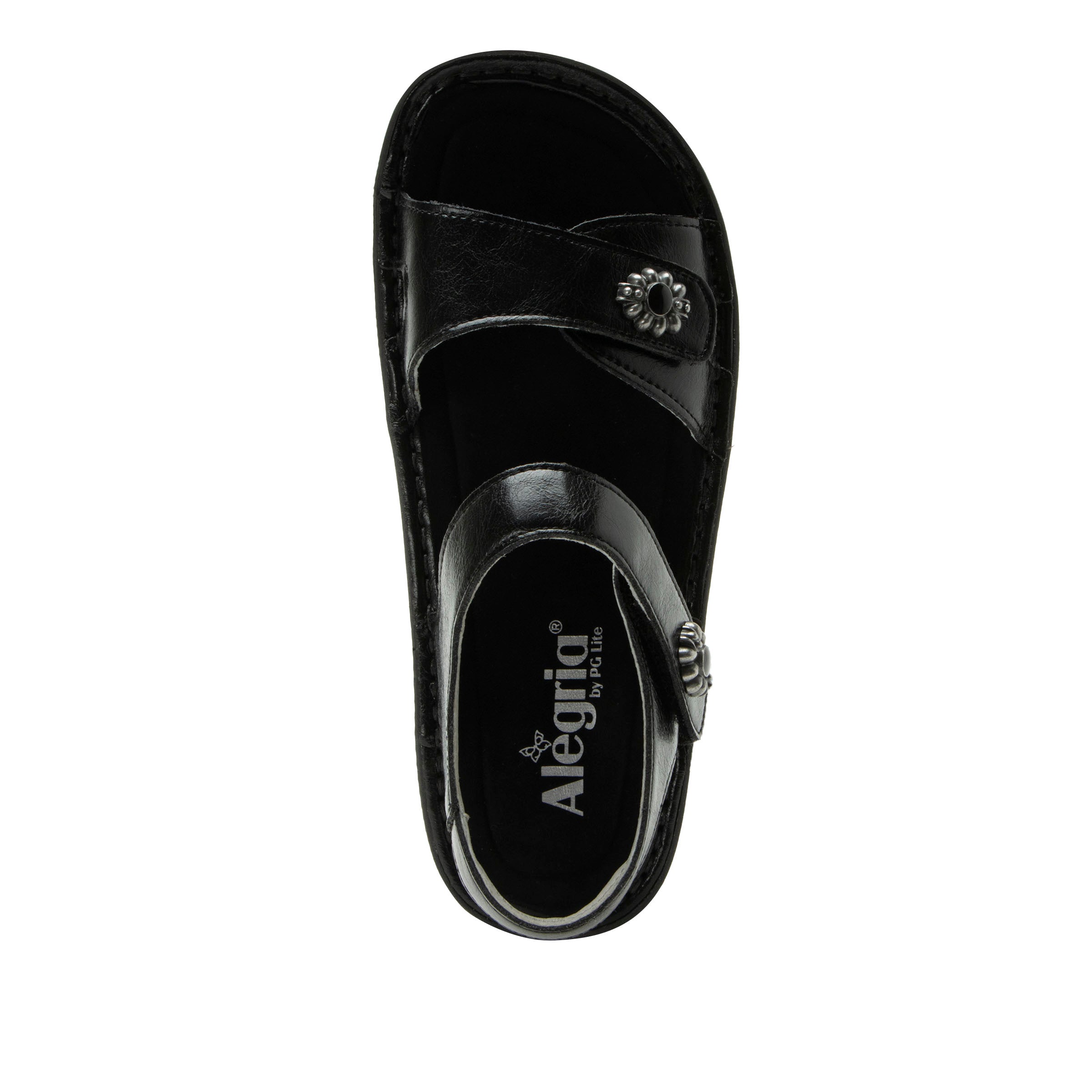 Black sandal with 'Alegria' logo on a white background
