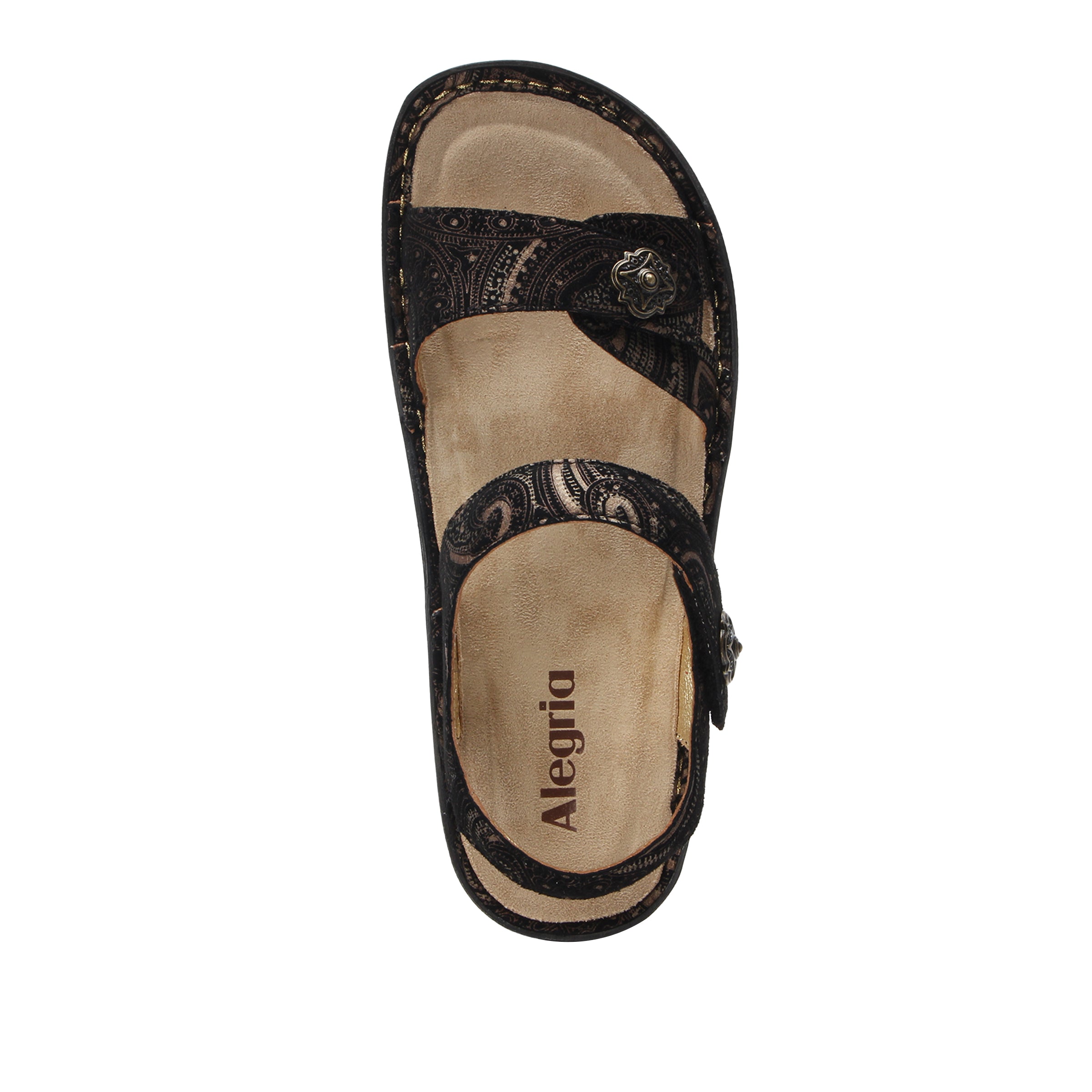 Black and beige sandal with 'Alegria' branding on a white background