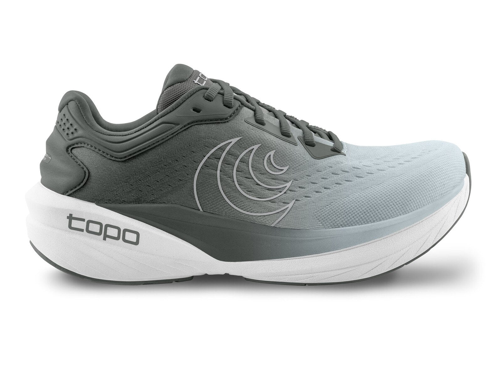 Gray running shoe with white sole on a white background