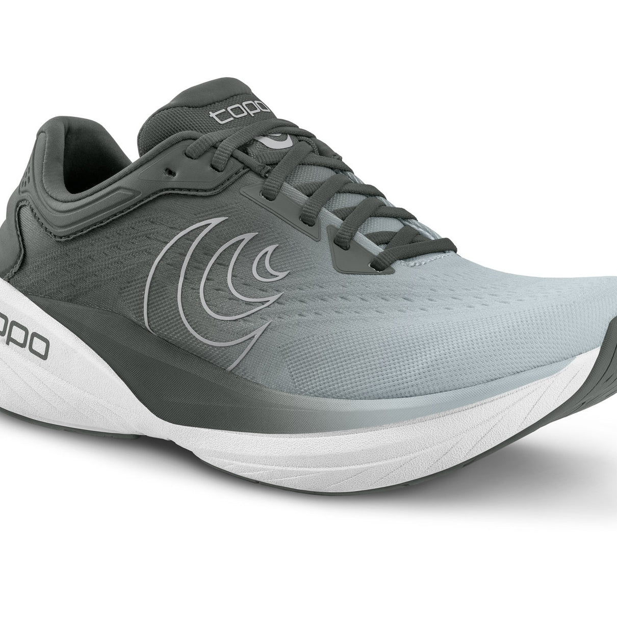 Gray running shoe with white sole on a white background