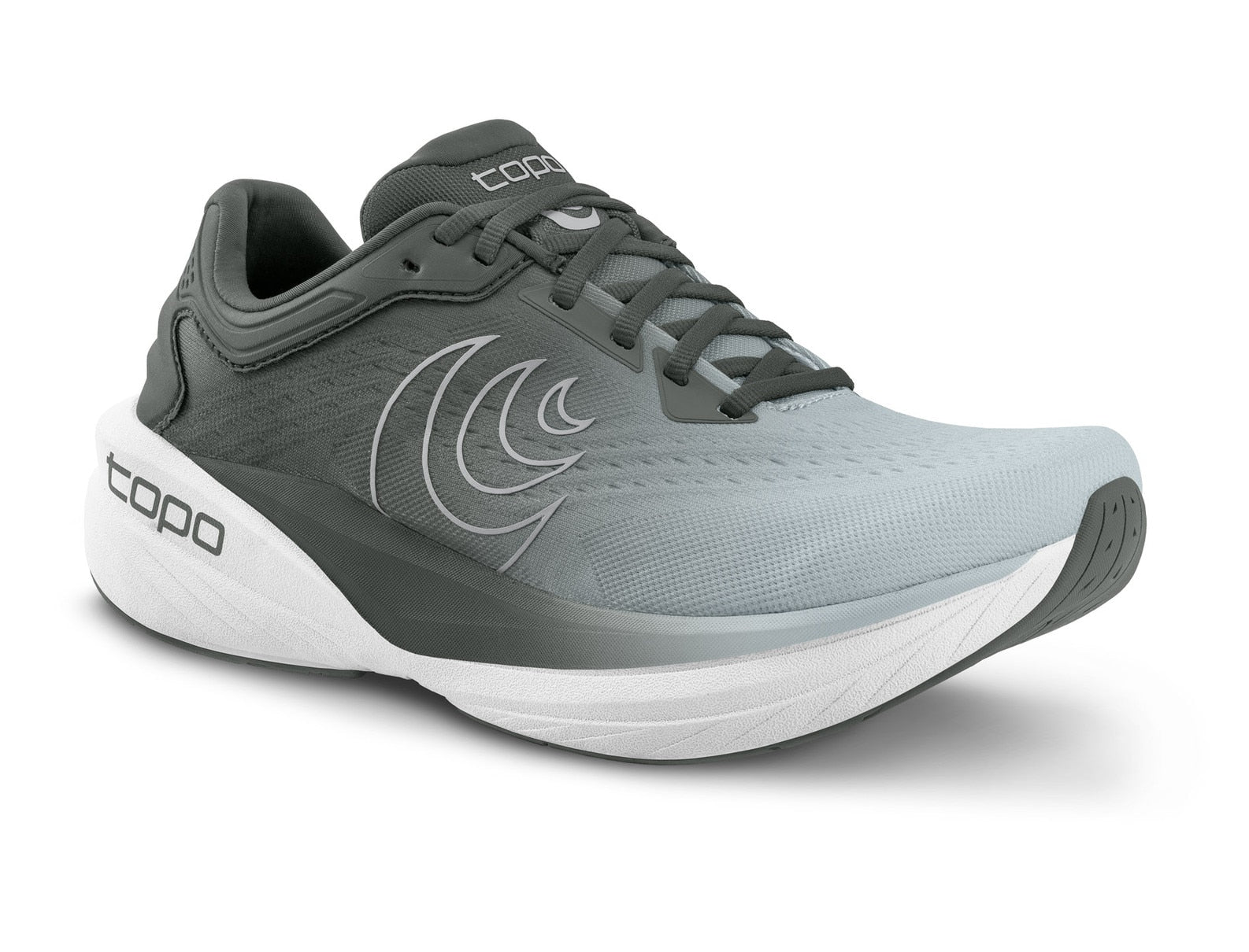 Gray running shoe with white sole on a white background
