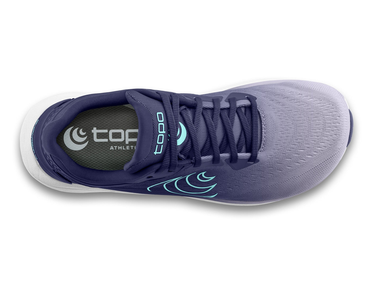 Navy athletic shoe with white sole on a white background