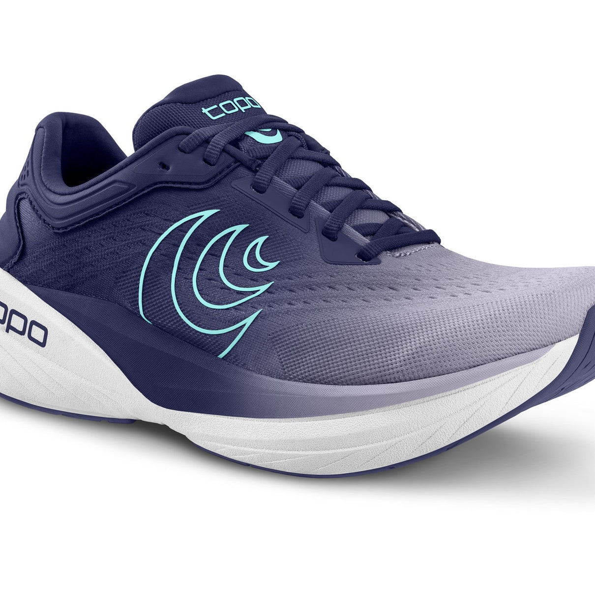Navy and gray running shoe with Topo logo on a white background
