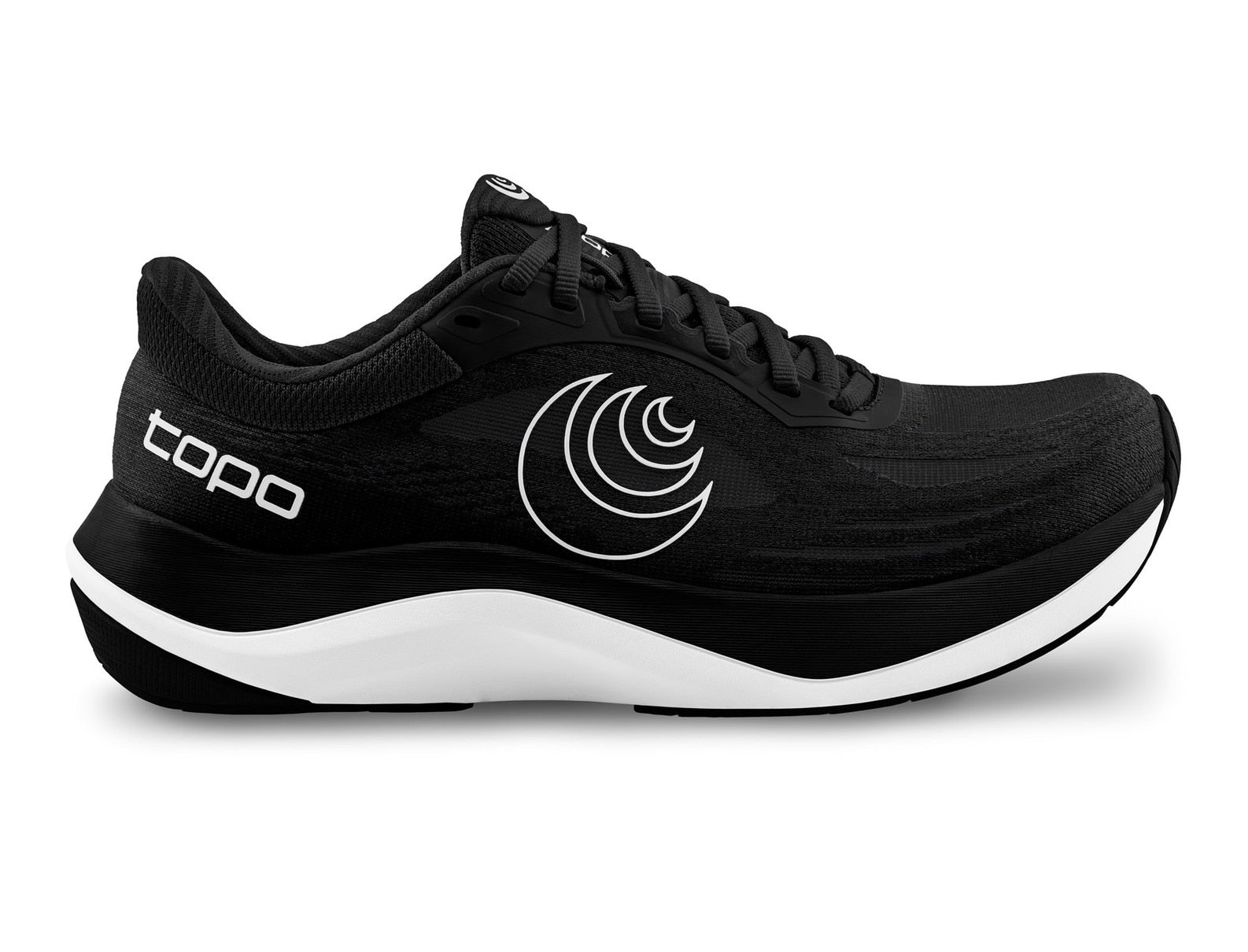 Black running shoe with white sole and Topo logo on a white background