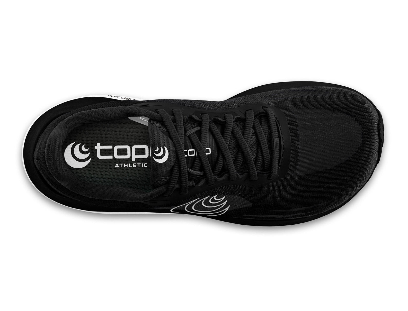 Black athletic shoe with 'top' branding on a white background