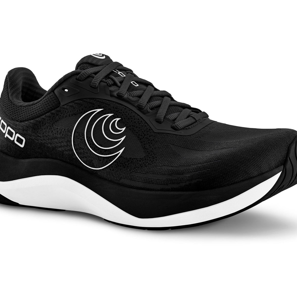 Black running shoe with a white sole on a white background