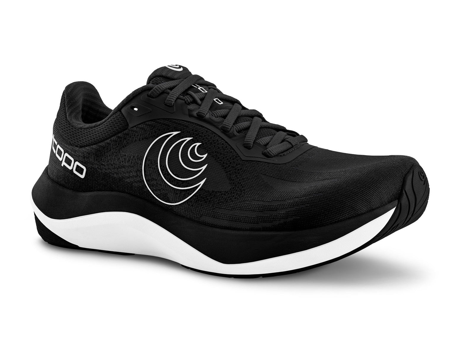 Black running shoe with a white sole on a white background
