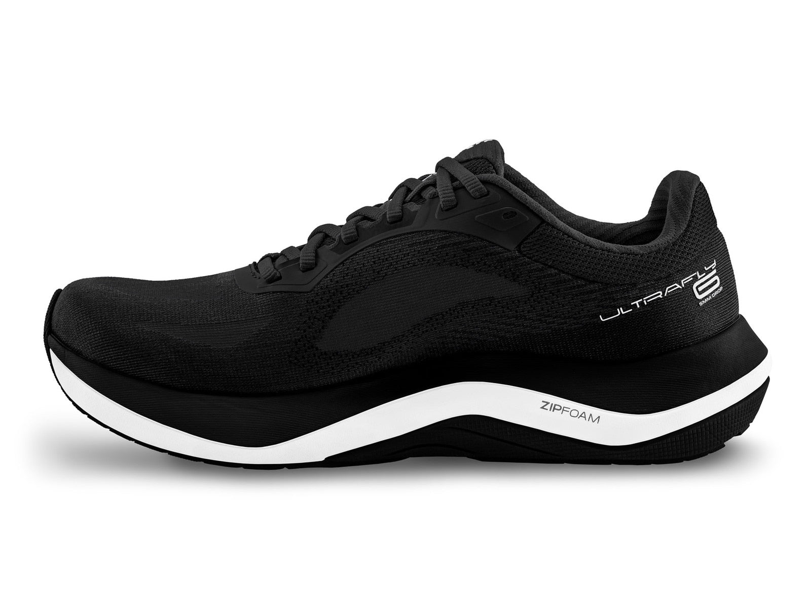 Black running shoe with white sole on a white background