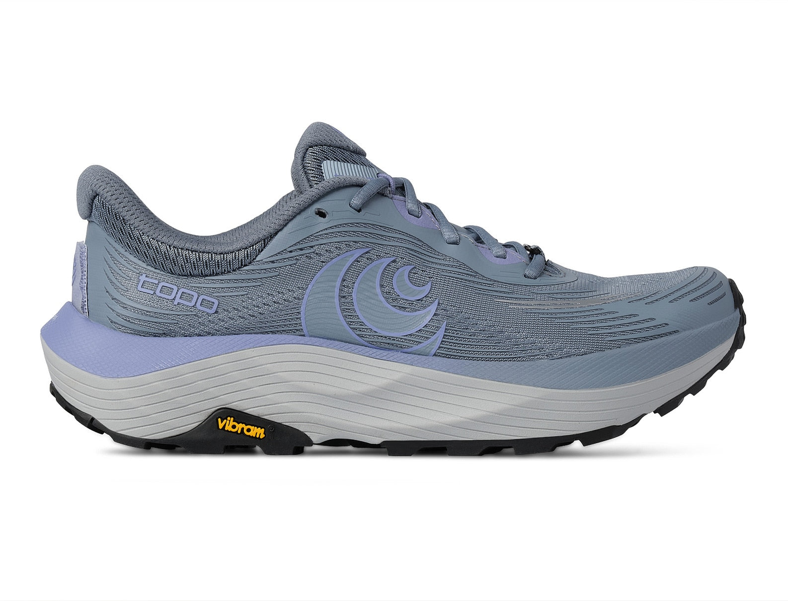 Gray running shoe with purple accents on a white background
