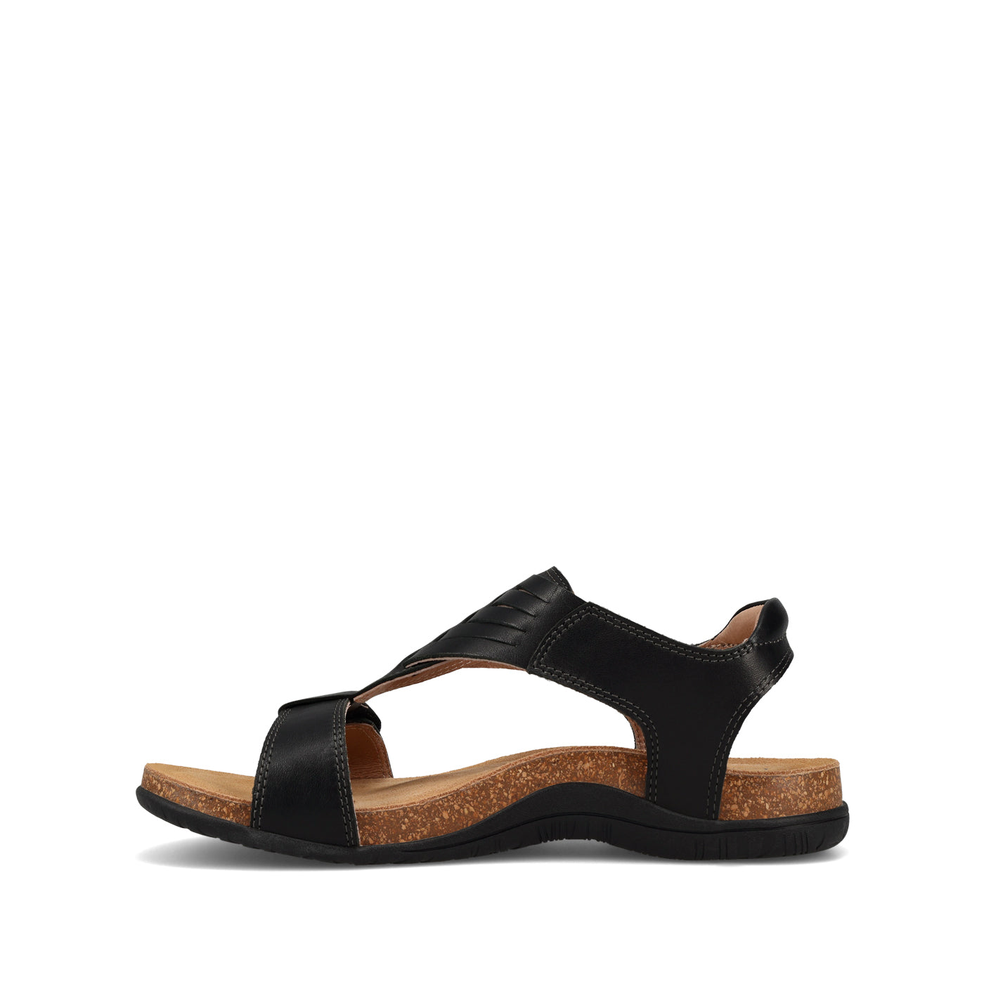 Black sandal with cork insole on a white background