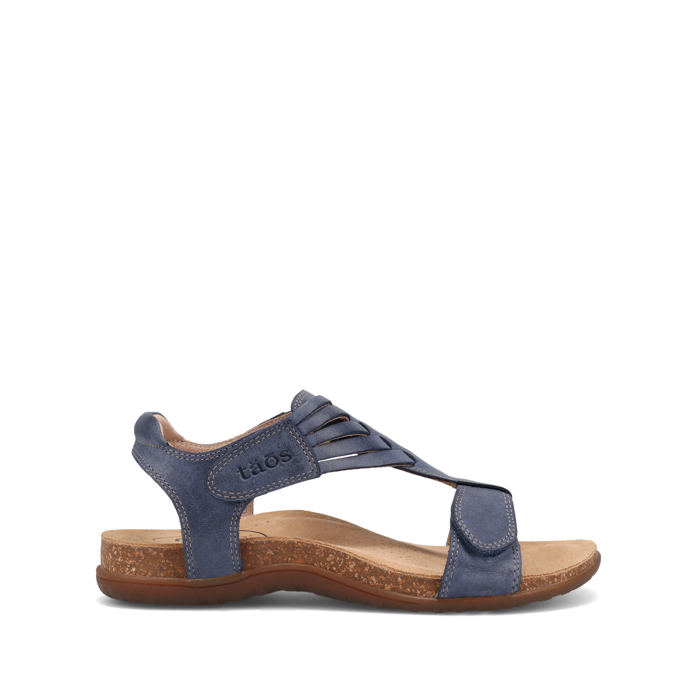 Blue sandal with 'L'odes' branding on a white background