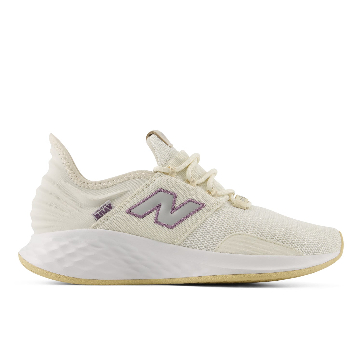 White sneaker with purple logo on a white background