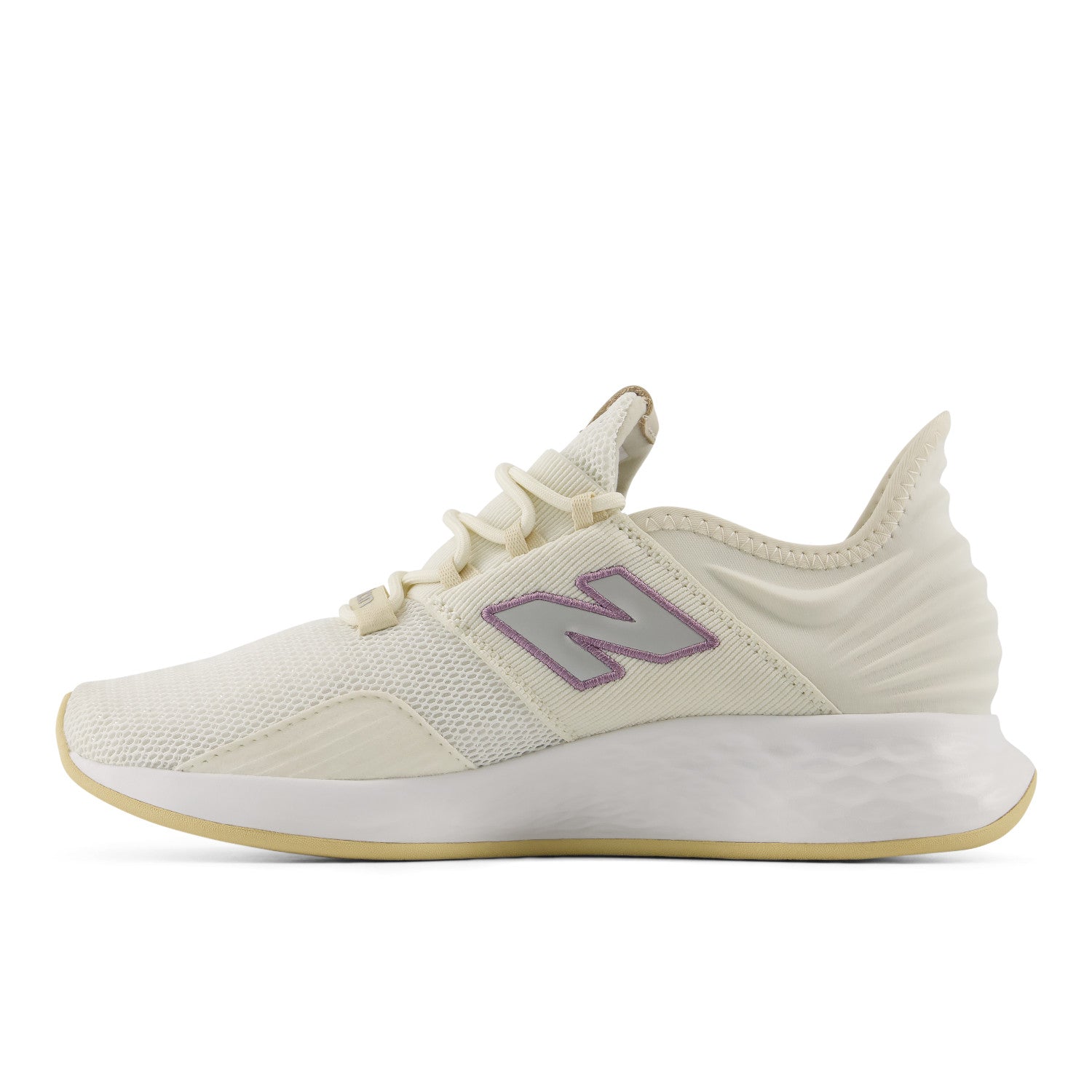 White sneaker with a purple logo on a white background
