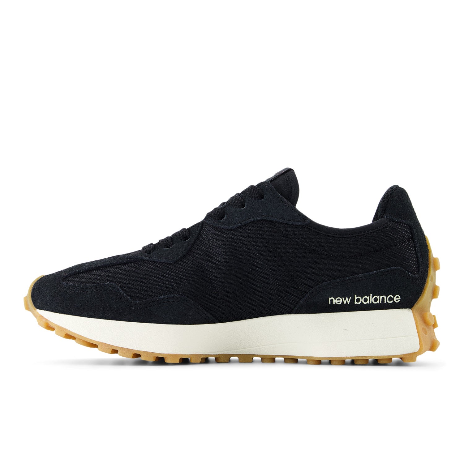 Black New Balance sneaker with white sole on a white background