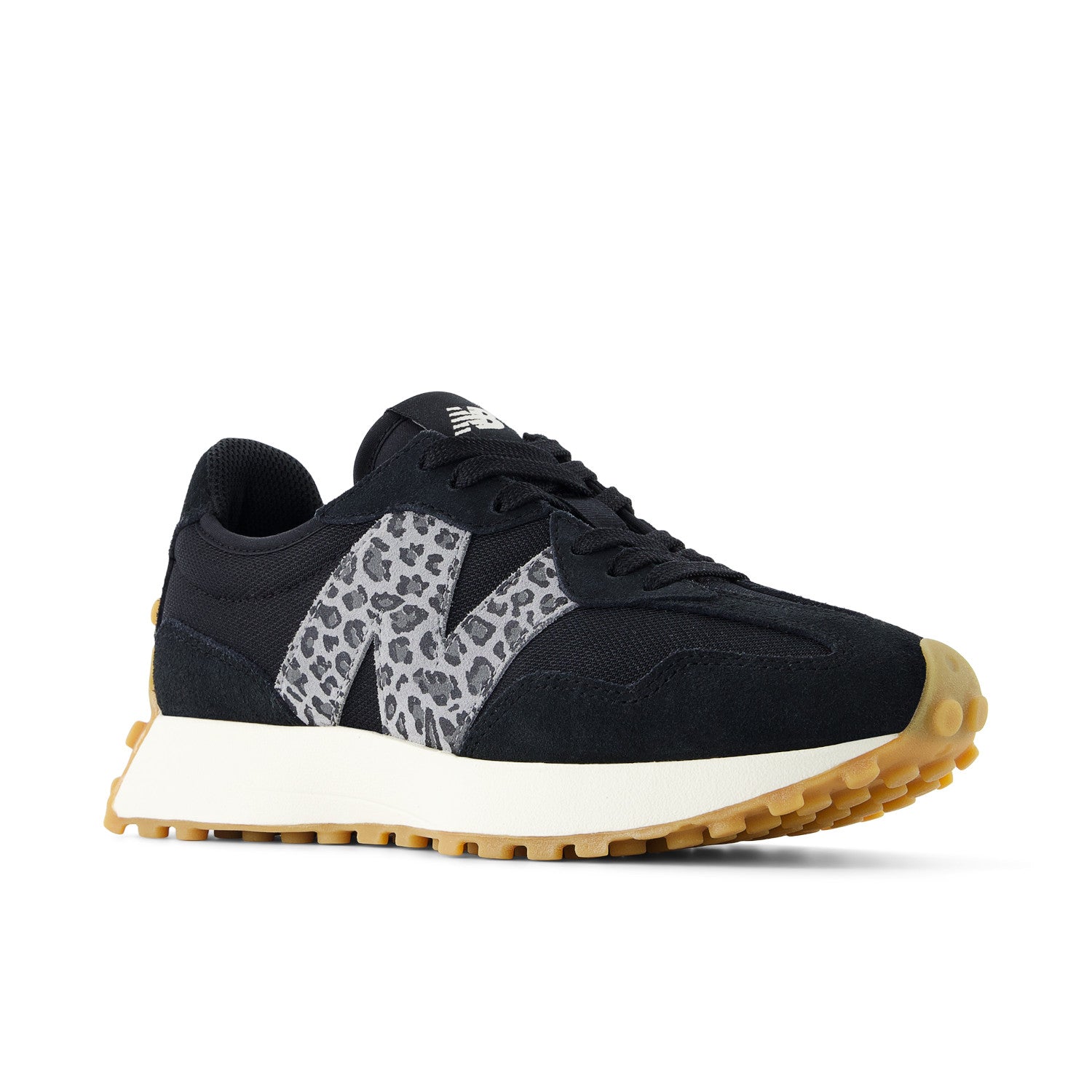 Black sneaker with leopard print accents on a white background