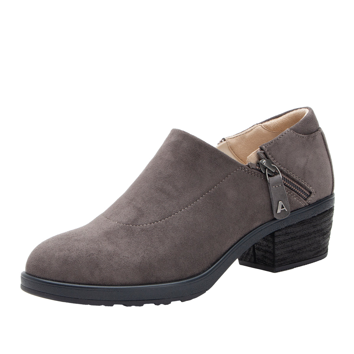 A single women's slip-on ankle boot in taupe brown suede, featuring a black block heel, a black sole, and a side zipper with a small metal 'A' logo accent.