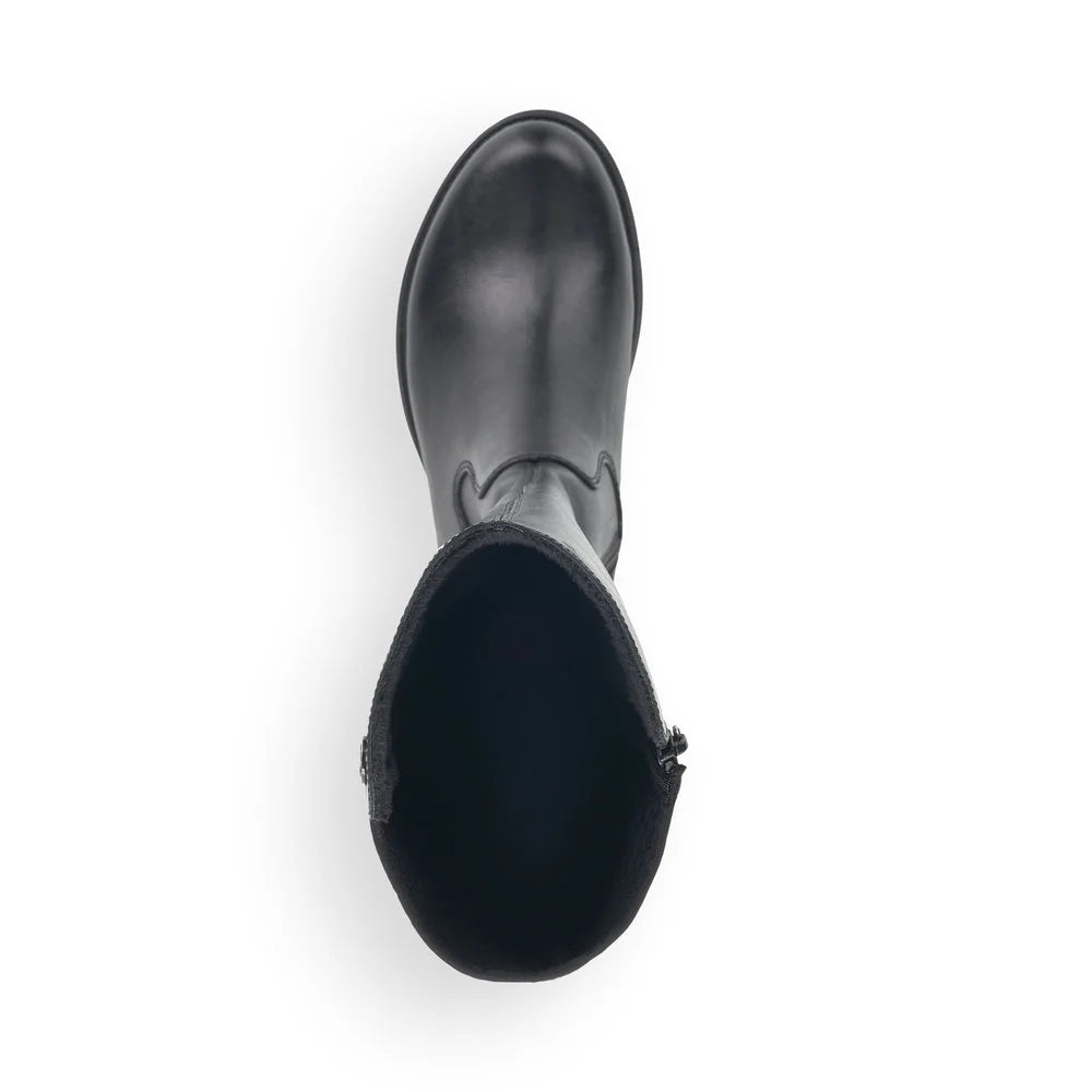 A black leather ankle boot shown from a top-down view on a clean white background.